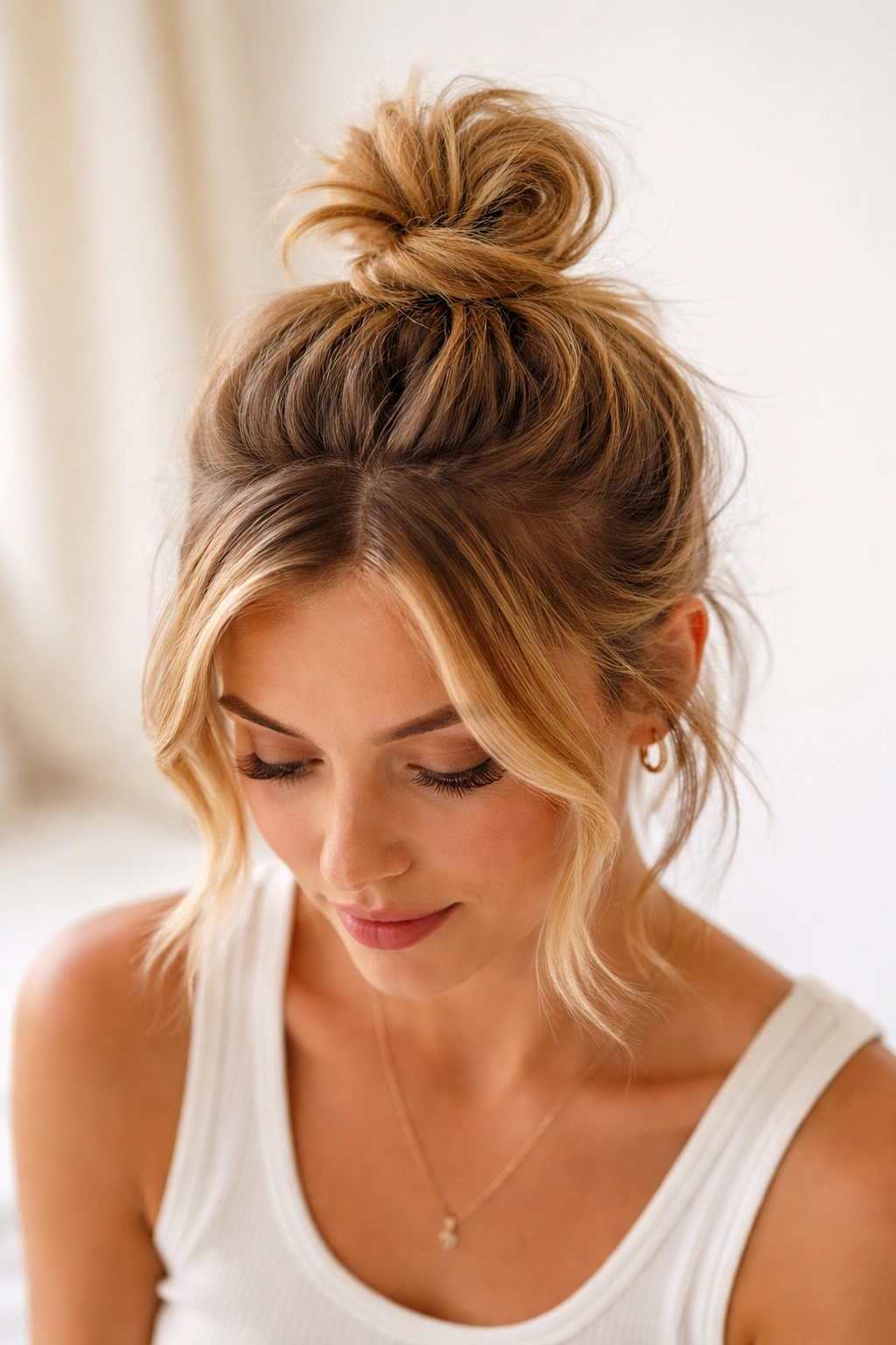 15 Easy Updos That Actually Work On Short Hair 10 High top knot on short hair with loose surrounding strands