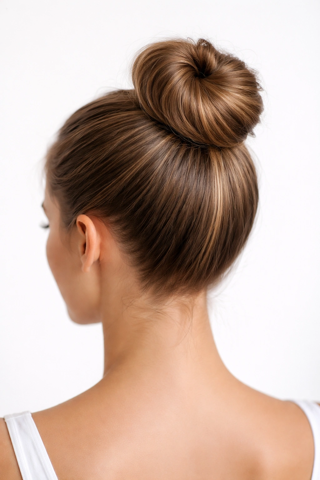 Back view of a high top knot bun at the crown
