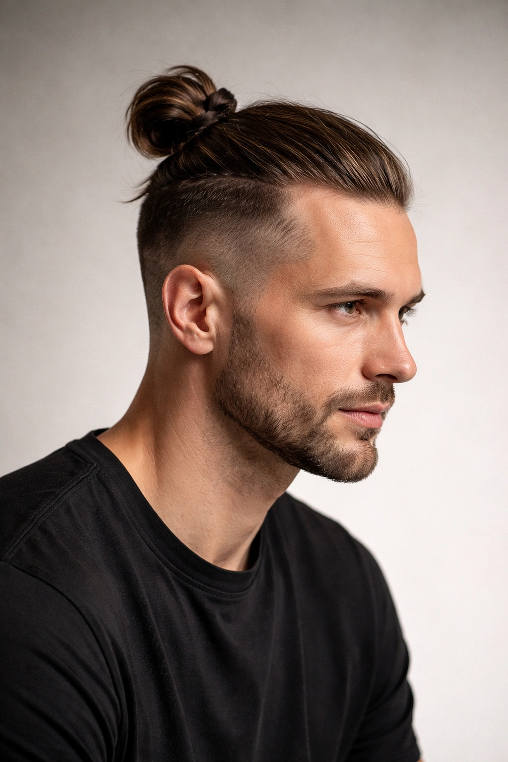 Portrait of a man with a top knot and faded sides