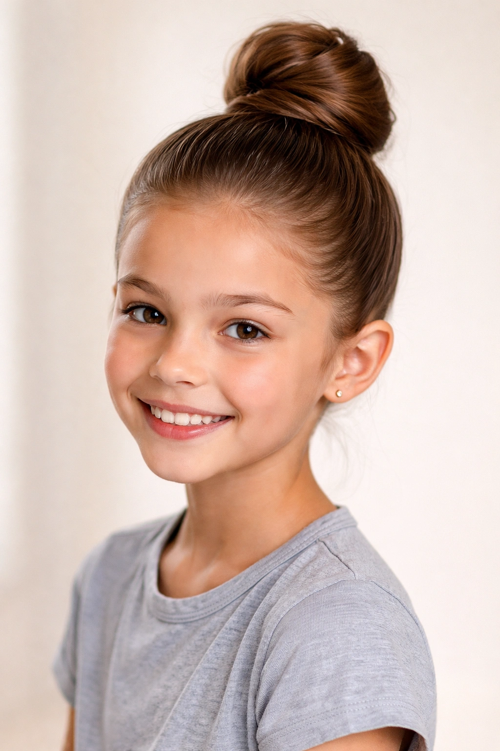 Close-up of a high-top knot bun on a child's head