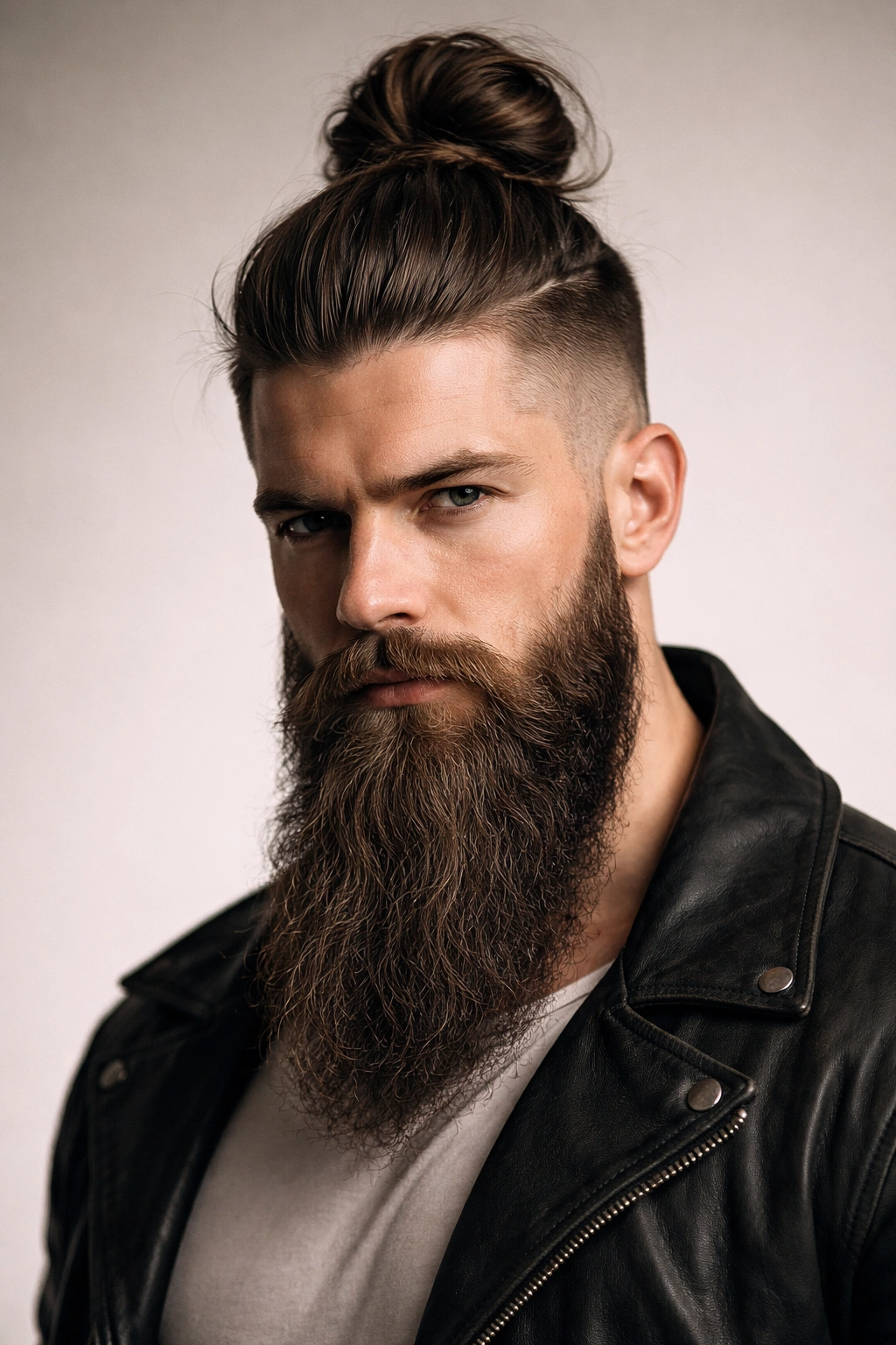 Portrait of a man with a top knot and long beard in a neutral studio backdrop