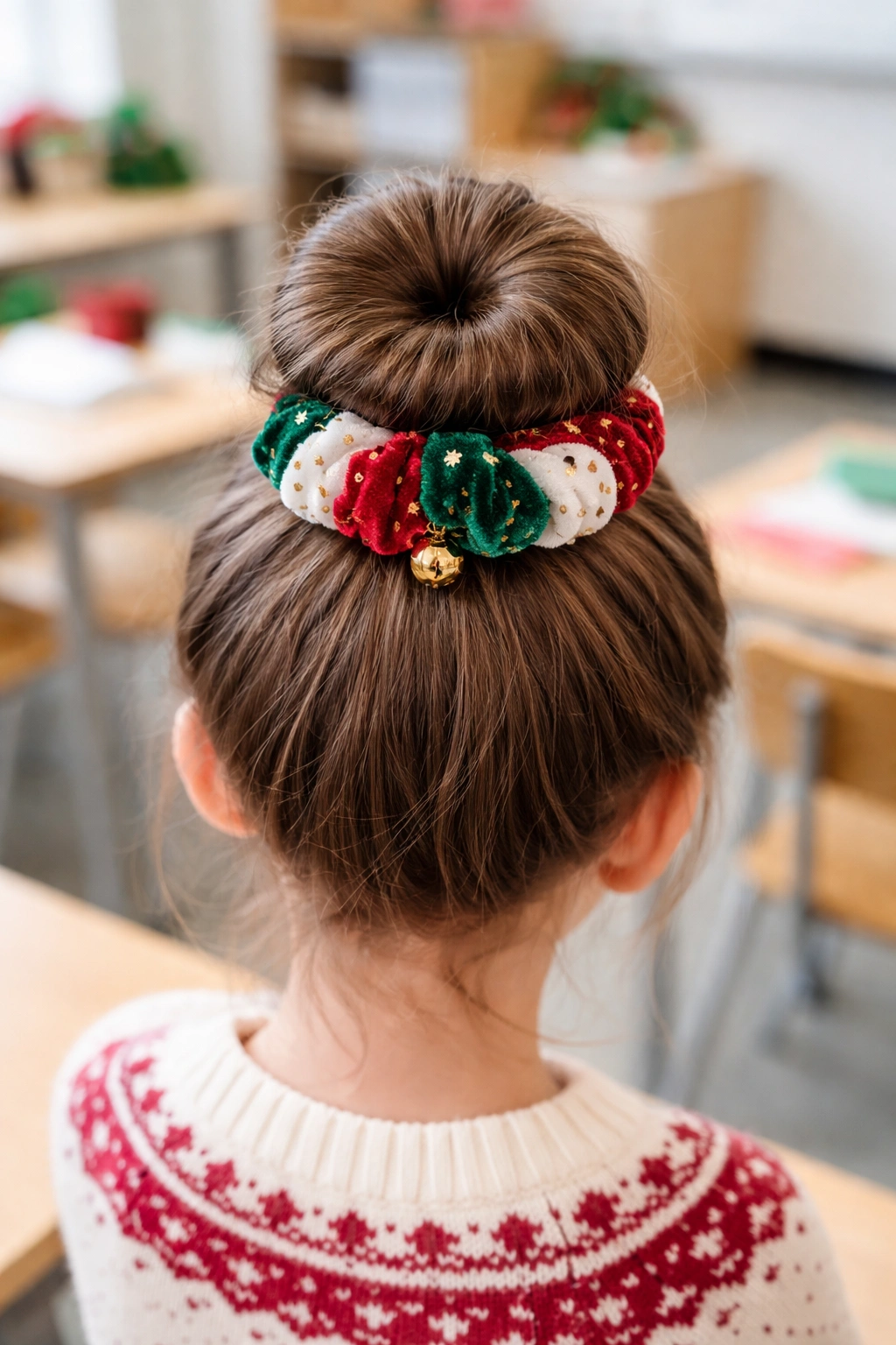 Top knot bun with velvet festive scrunchie