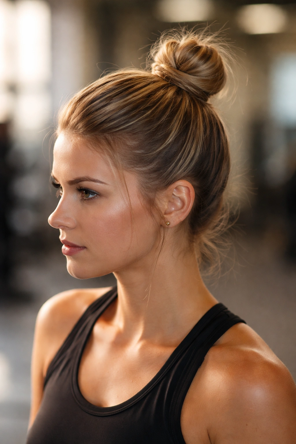 10 Gym Hairstyles For Short Hair That Stay Put 10 Front view of a secured top knot on short hair