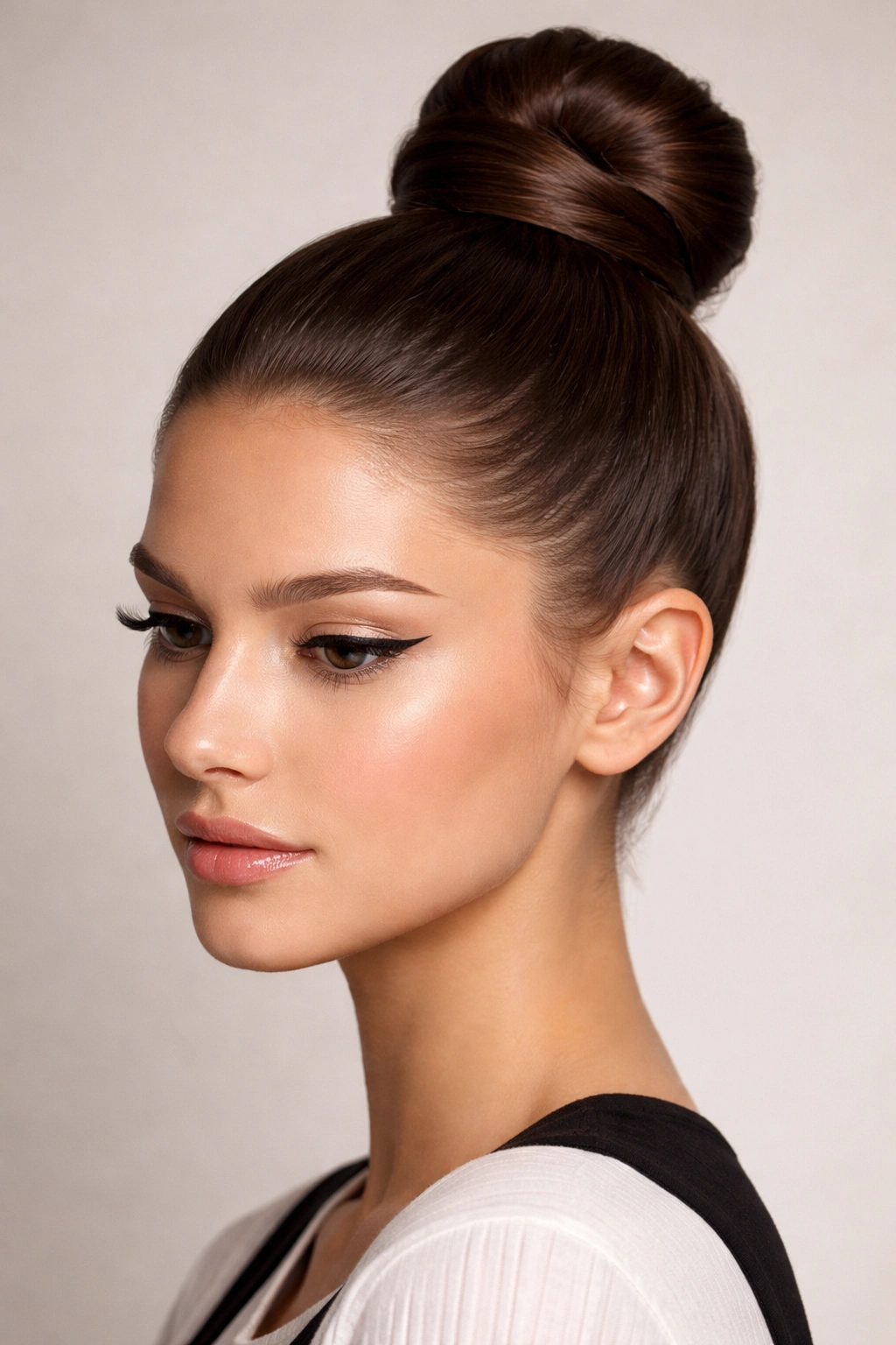 Close-up of a sleek top knot hairstyle with a glossy finish