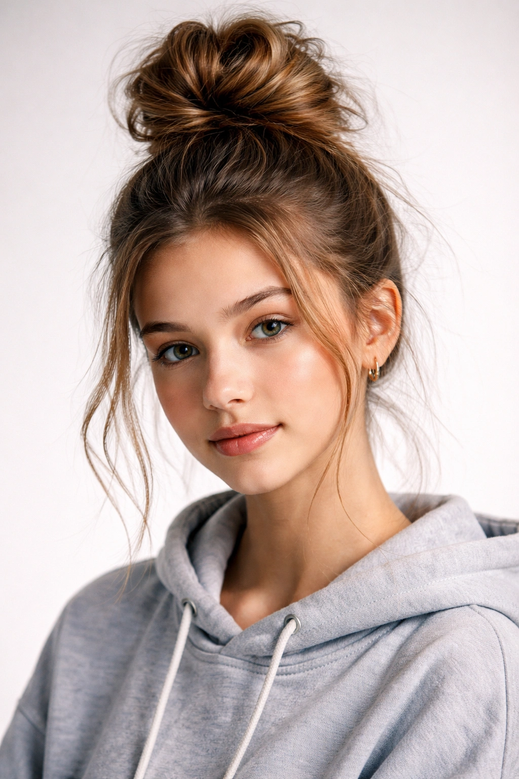 Top knot with textured base hairstyle featuring loose front pieces