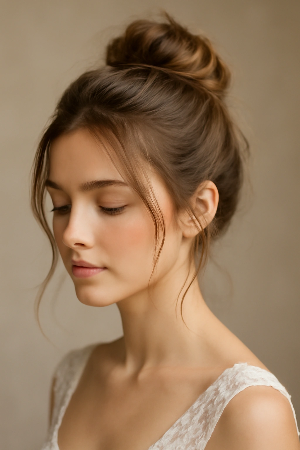 8 Soft and Romantic Updos Perfect for Your Wedding 7 Close-up of delicate top knot updo with wispy strands on bridal look