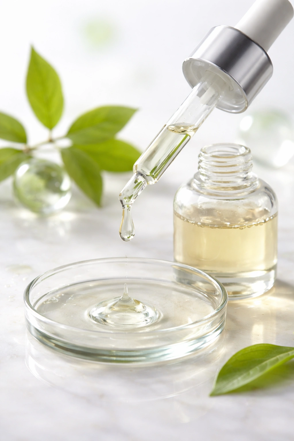Topical folic acid serum dropper and bottle on neutral background