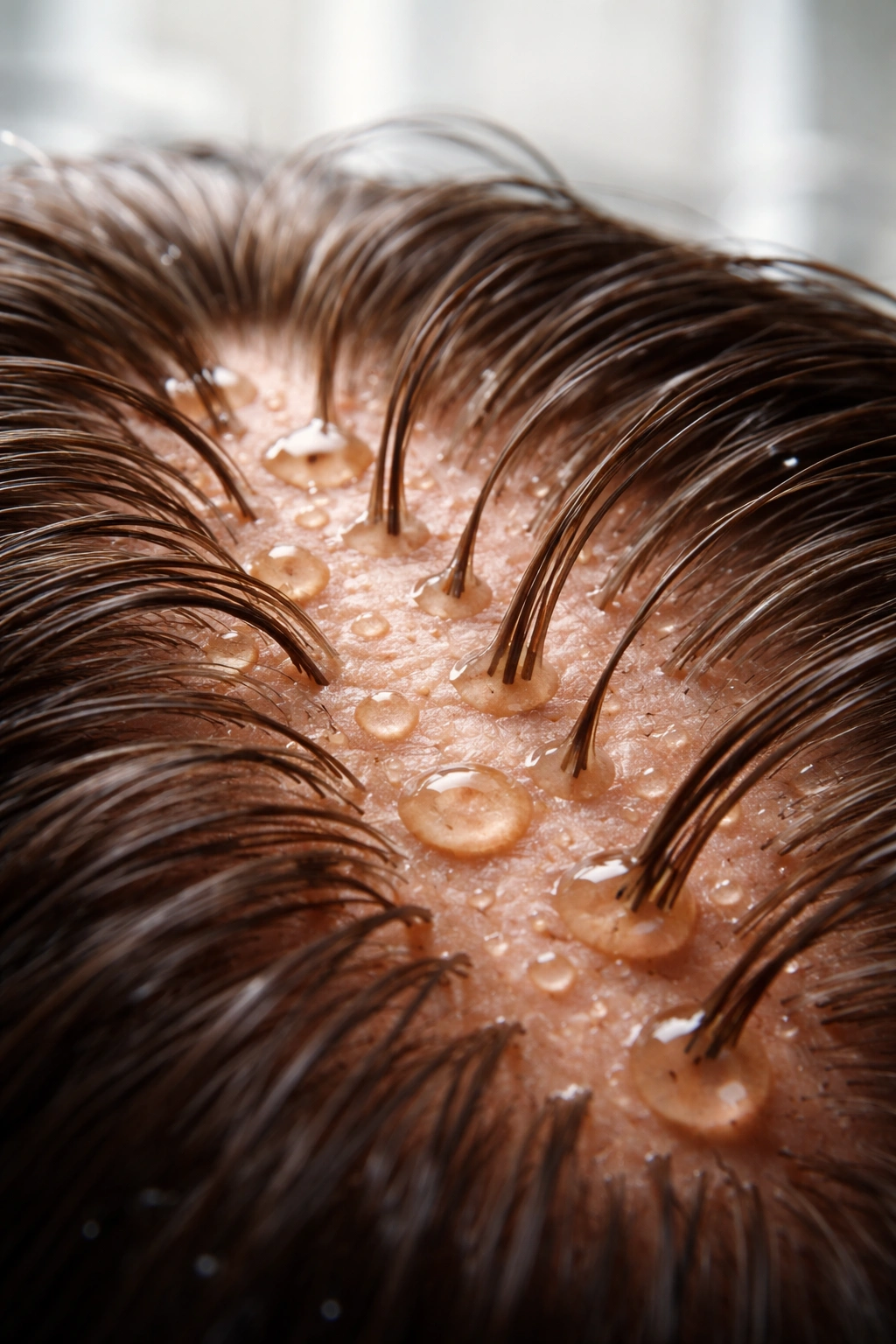 Scalp close-up with tiny droplets on skin illustrating topical magnesium absorption