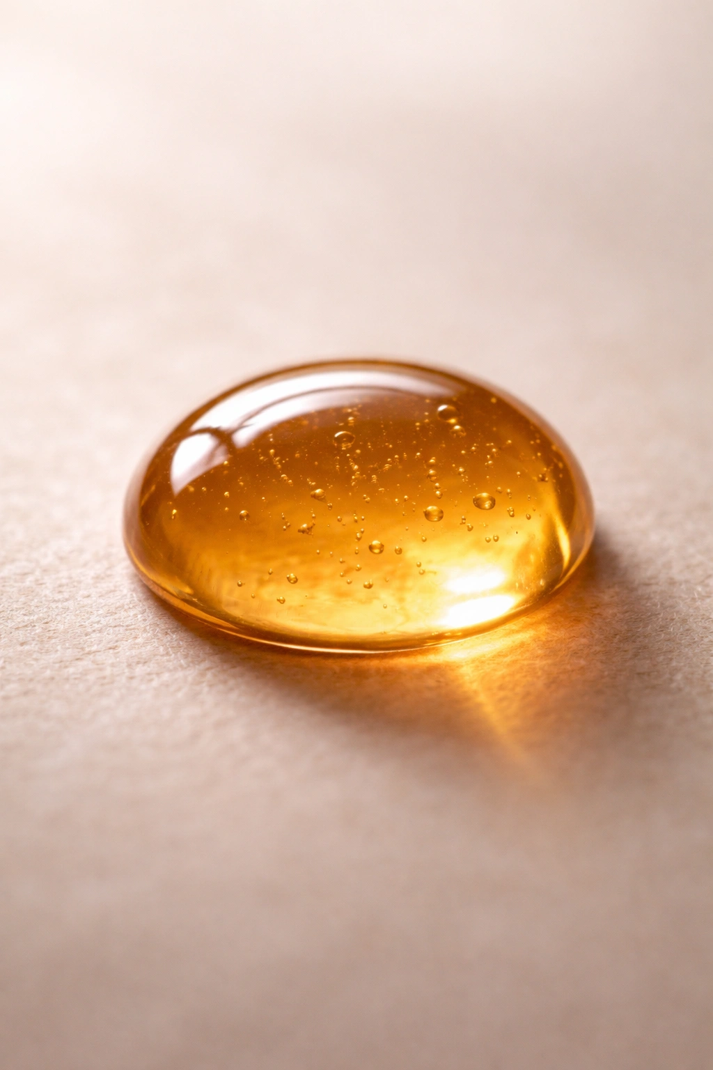 Clear amber droplet representing topical melatonin on a neutral surface