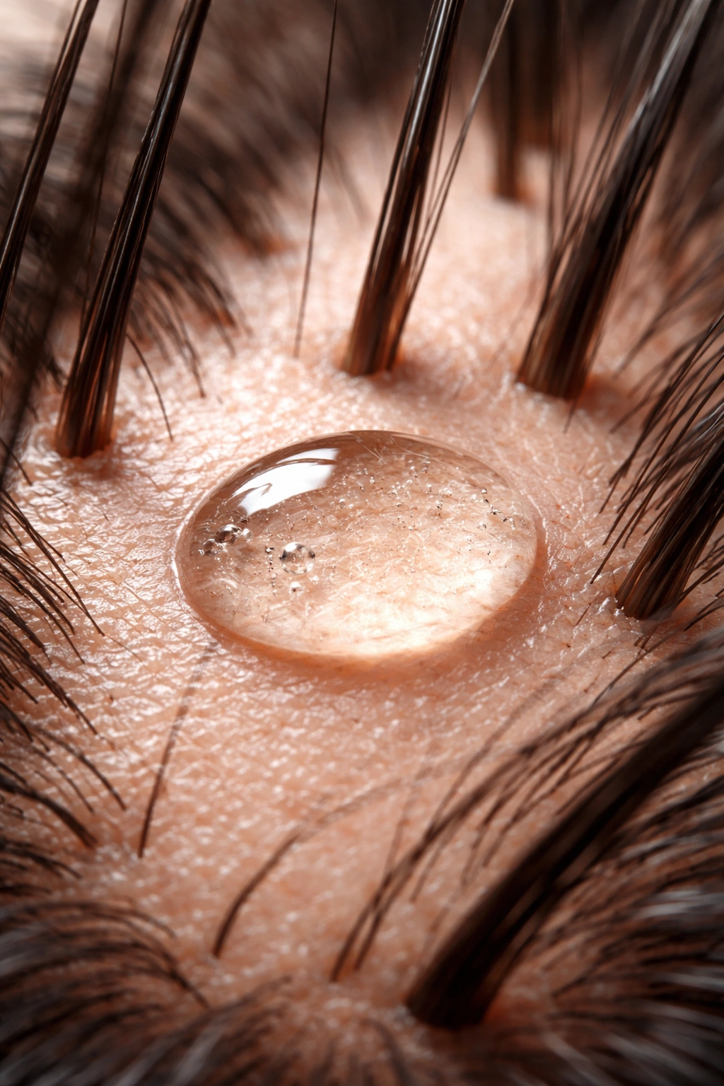 Scalp close-up with a small droplet of topical melatonin