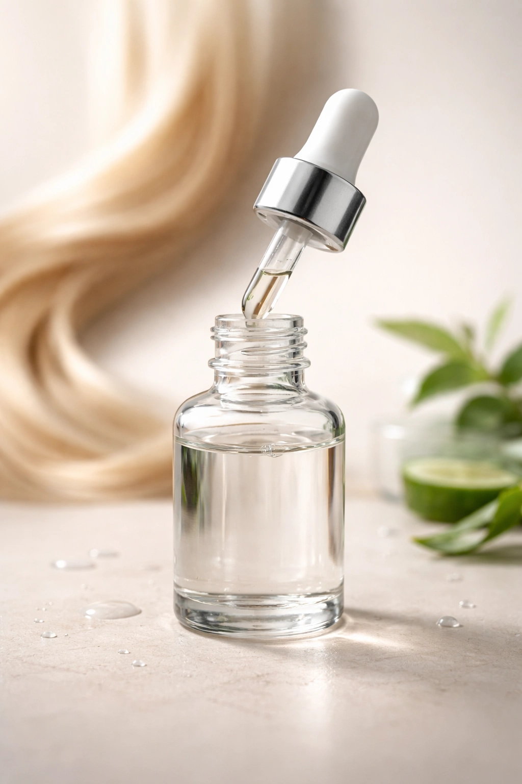 Small glass bottle with dropper containing topical solution