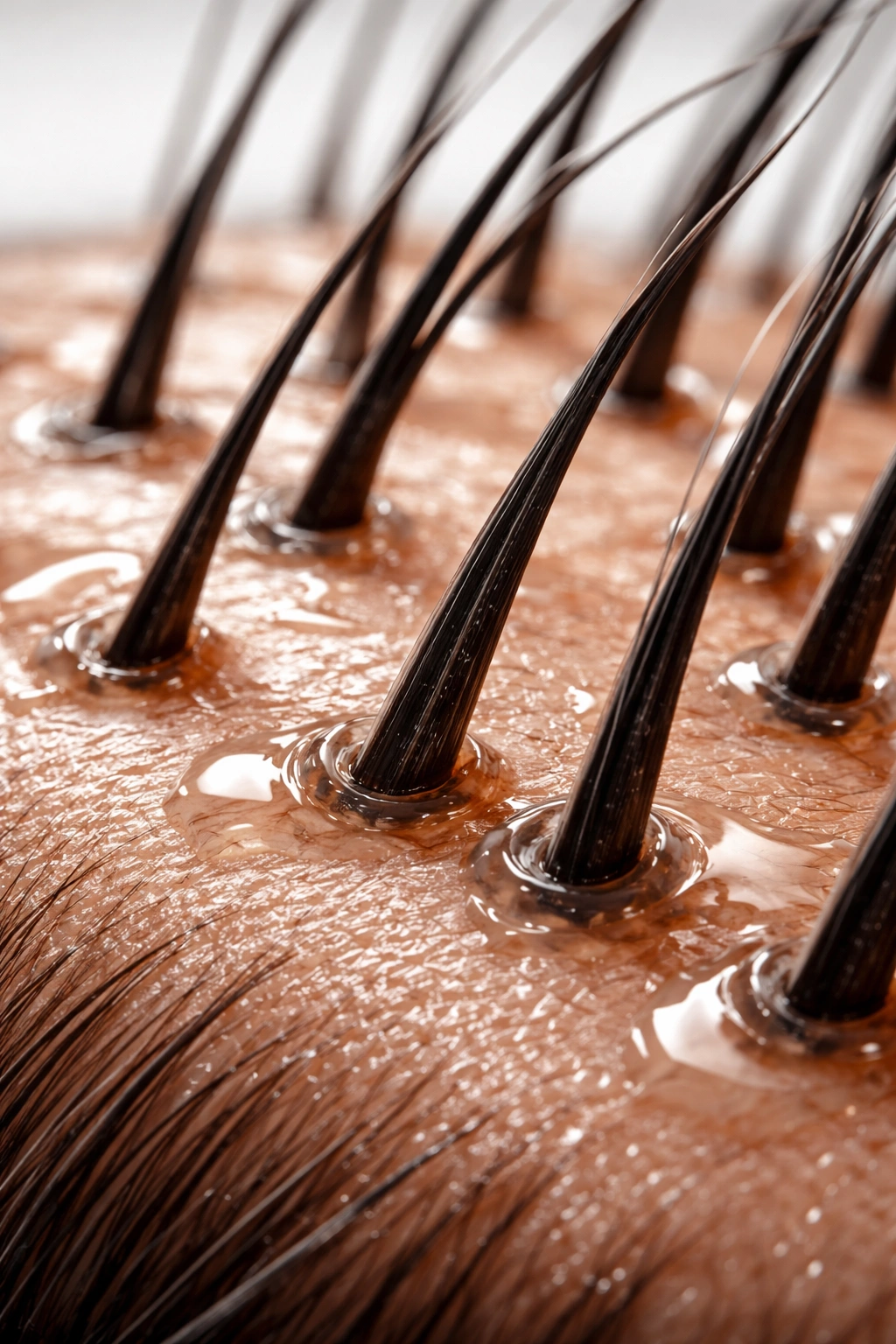 Close-up of a scalp with a glossy area indicating topical treatment around follicles.