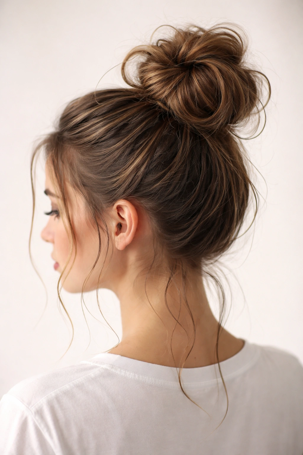 High topknot bun on damp hair with loose strands