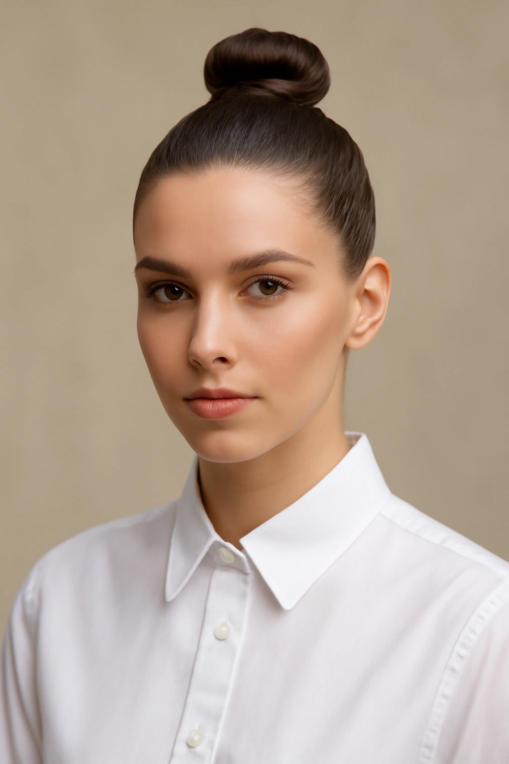 10 Hairstyles That Go With A Button Down Shirt 7 Close-up of a high polished topknot at the crown with a sleek, secure bun.