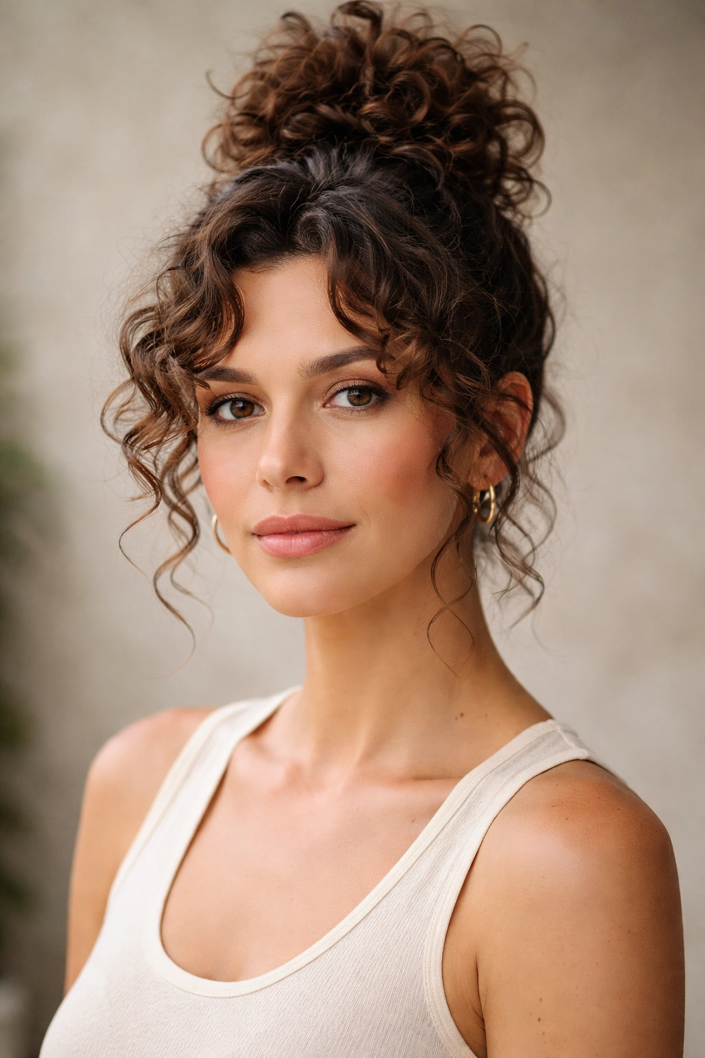 20 Short Curly Hairstyles Women Over 30 Love 16 Topknot of curly hair with face-framing layers