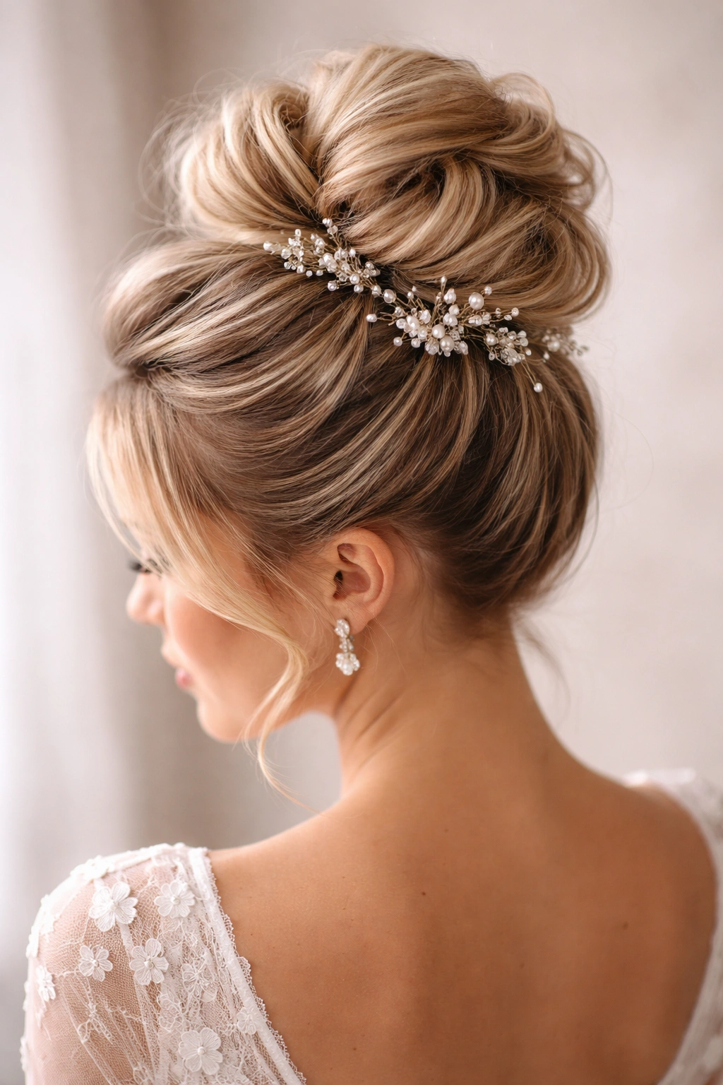 Close-up of voluminous crown top knot with embellished pins in bridal short hair.