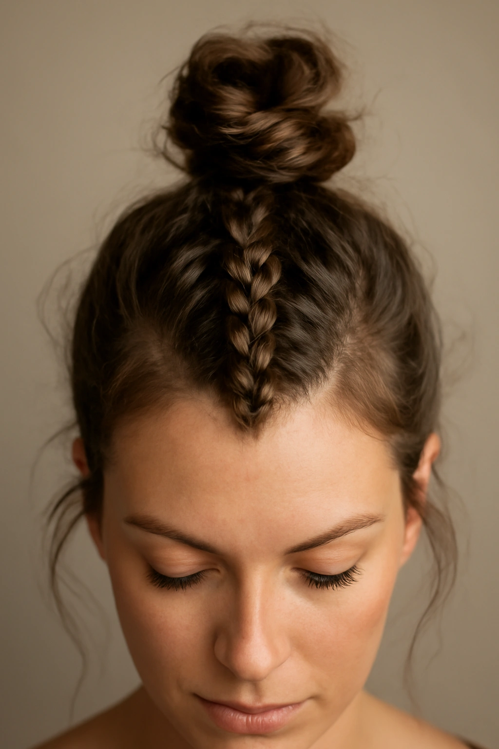 10 Mohawk Braid Styles for Short and Medium Hair 8 Center mohawk braid ending in crown topknot with studio lighting