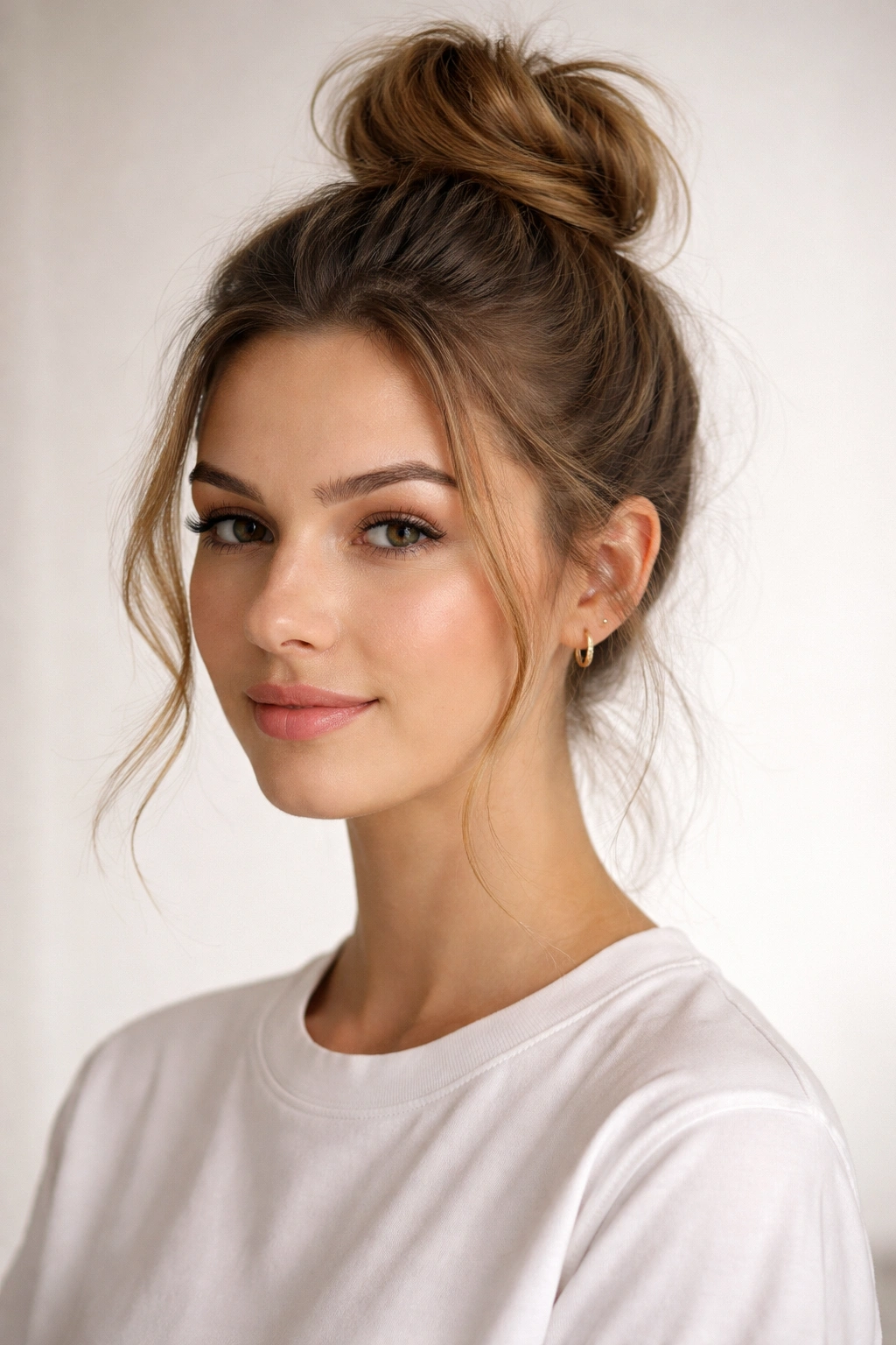 Topknot hairstyle at crown with face-framing pieces