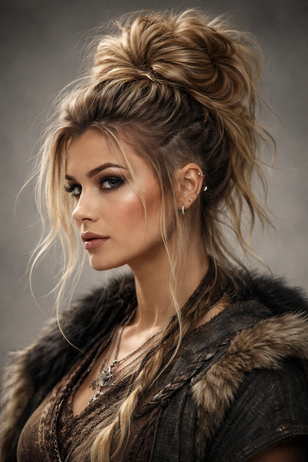 High voluminous top knot with loose strands and shaved sides