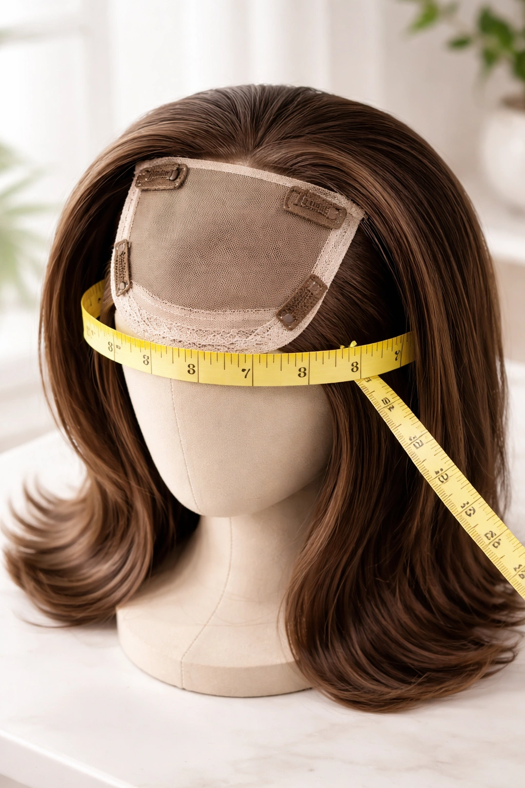 Hair topper on bust with measuring tape to indicate size