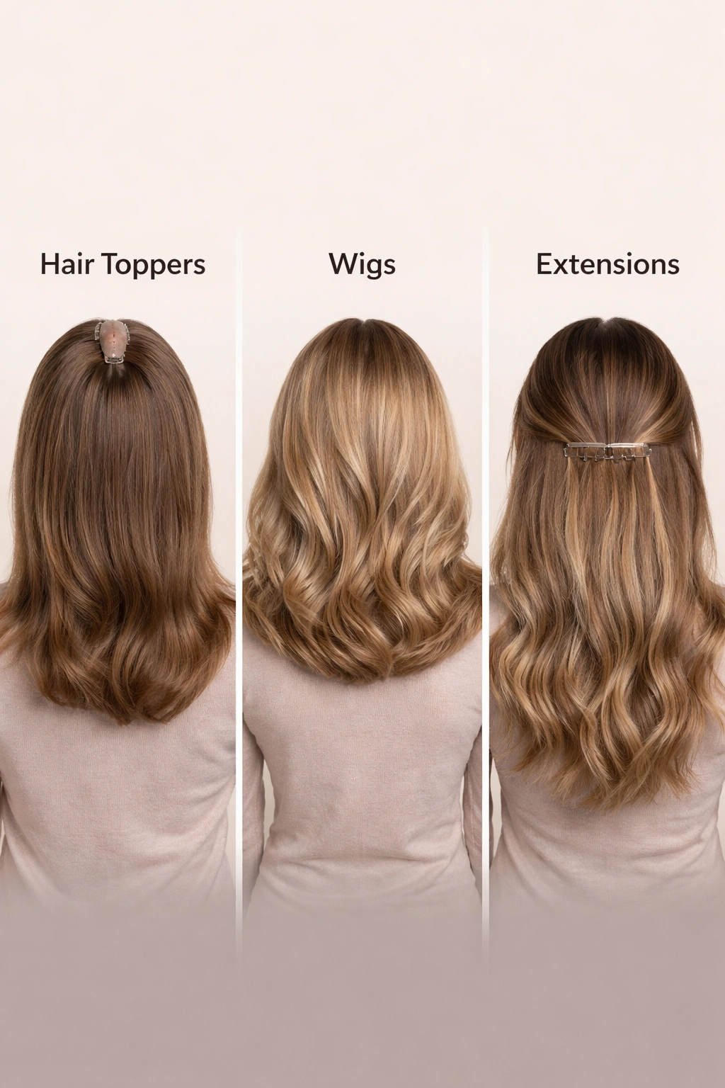 Three-panel comparison of topper, wig, and extensions options for hair thinning.