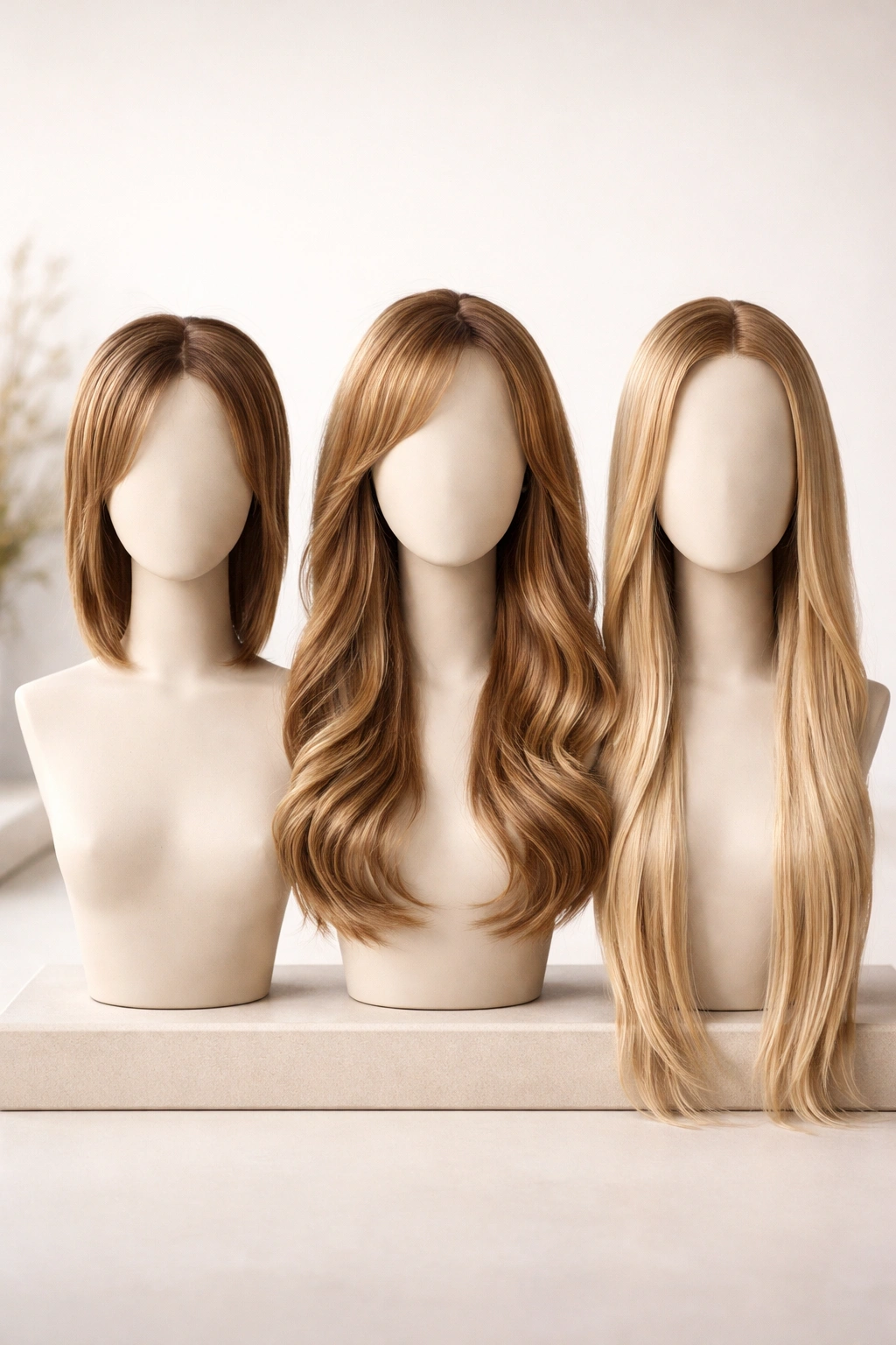Three mannequin heads displaying topper, wig, and extensions.