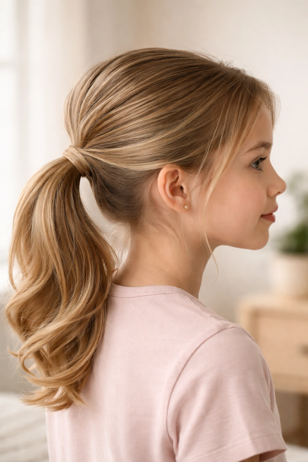 Side profile of a girl with a topsy-tail flip ponytail hairstyle