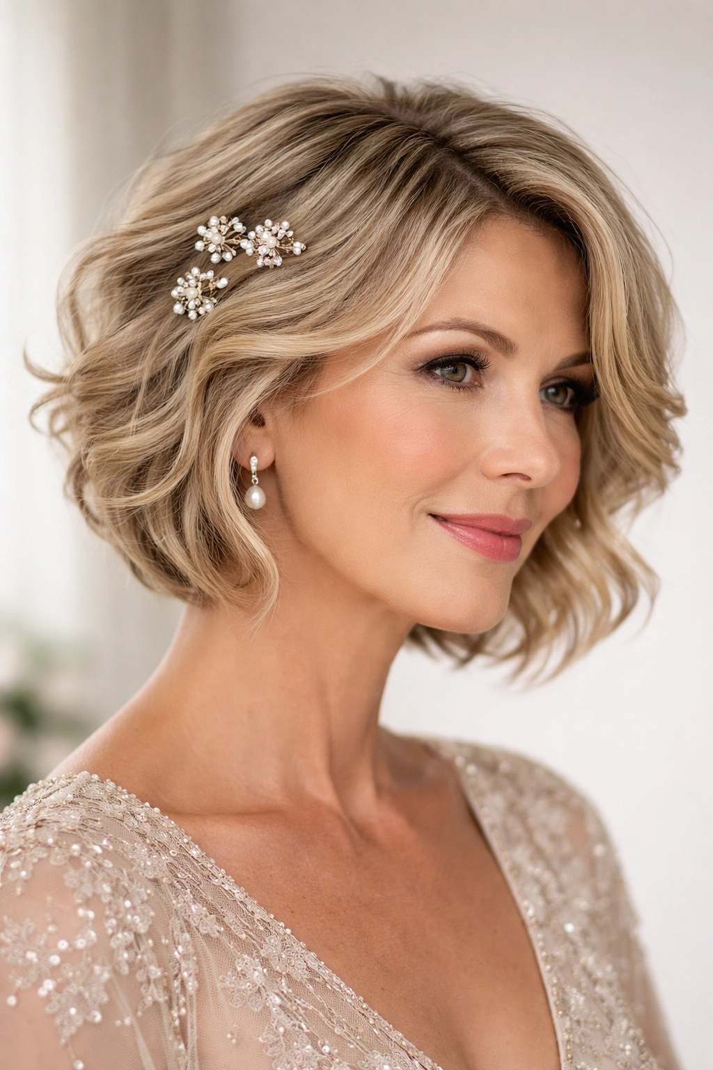 Tousled bob with decorative clips on one side