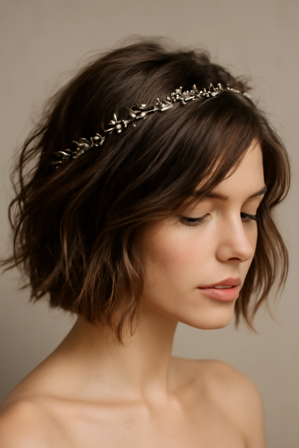 15 Wedding Hairstyles That Look Great on Short Hair 4 Tousled bob styled with a thin decorative hair vine across the crown