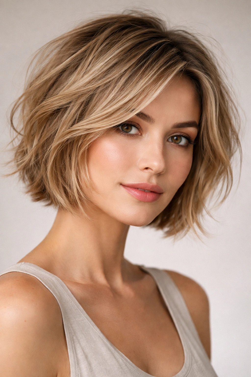 Portrait of a model with a tousled chin-length bob featuring internal crown layers and textured ends