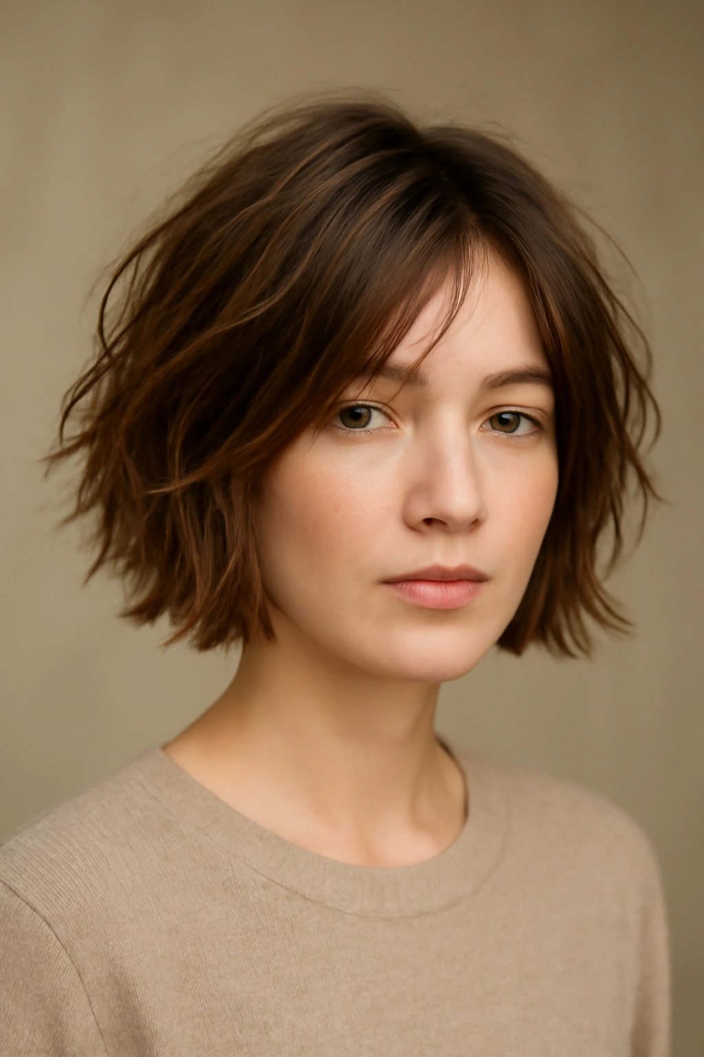 12 Wash and Wear Haircuts for Easy Mornings 2 Portrait of a woman with a tousled bob featuring layered, natural-looking texture