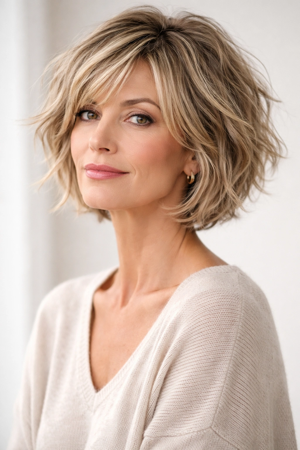 Portrait of a woman with a tousled bob and piece-y layers