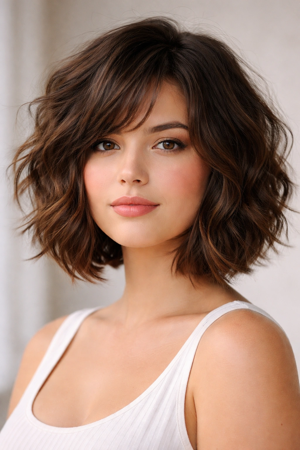 Jaw-length tousled bob with chunky layers on a round-faced subject