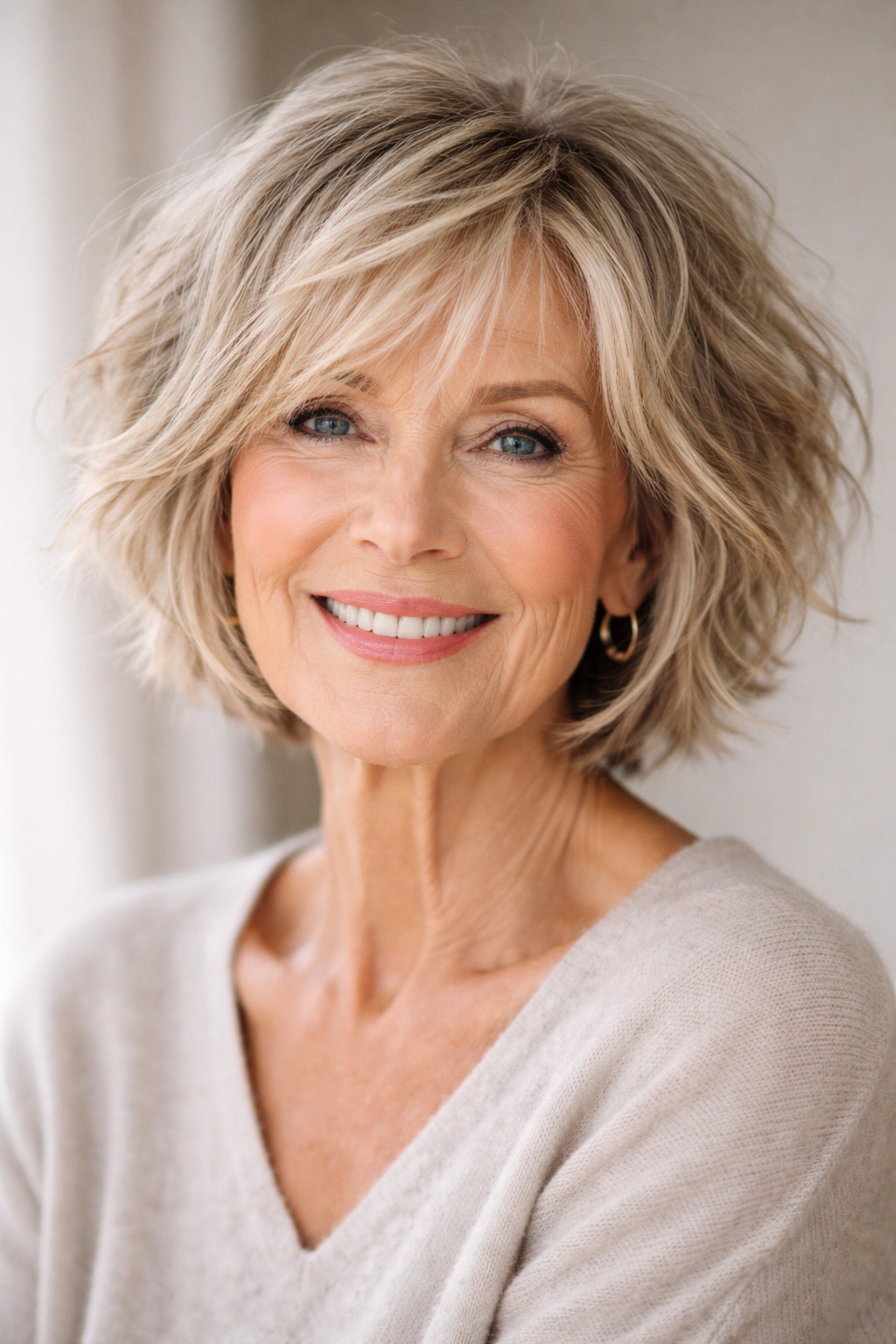 Portrait of a mature woman with a chin-length tousled textured bob