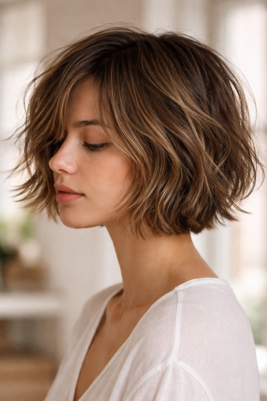 10 Short Haircuts That Look Good Completely Unstyled 9 Three-quarter view of tousled short bob with textured layers