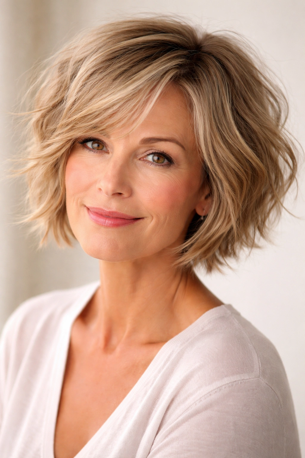 Close-up of a tousled bob hairstyle with textured layers on a woman with thin hair.