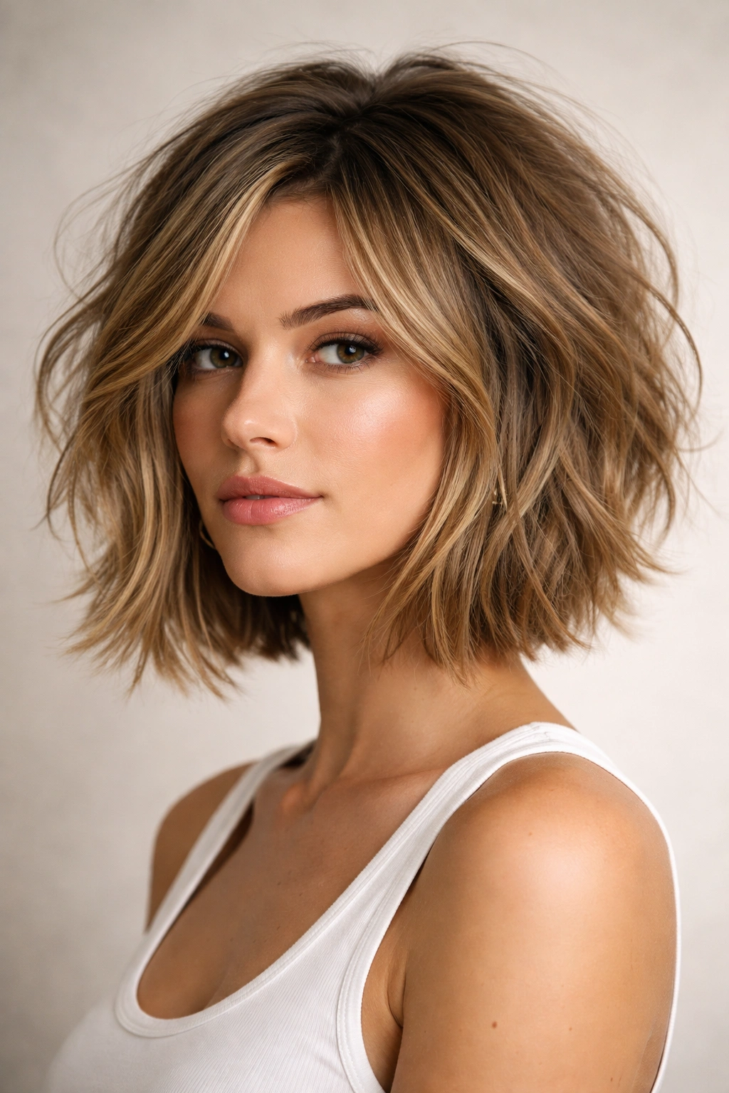 Tousled bob with crown volume and textured ends