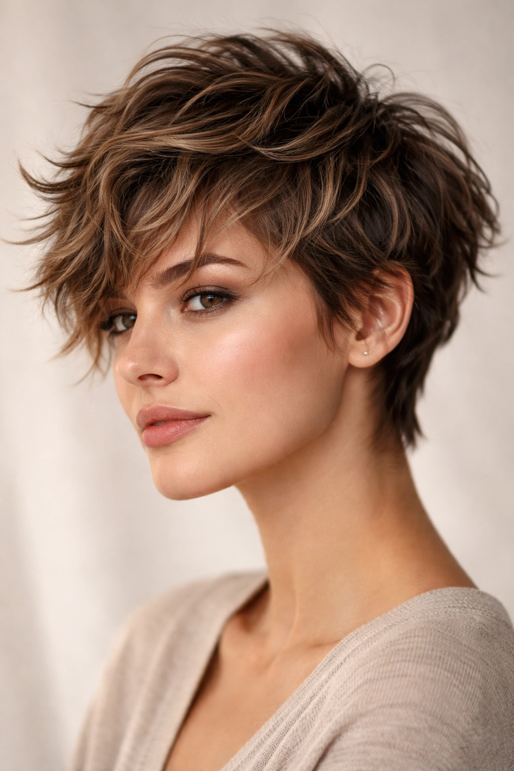 10 Wavy Pixie Cuts That Almost Style Themselves 1 Close-up of a tousled choppy pixie with longer top layers and textured waves
