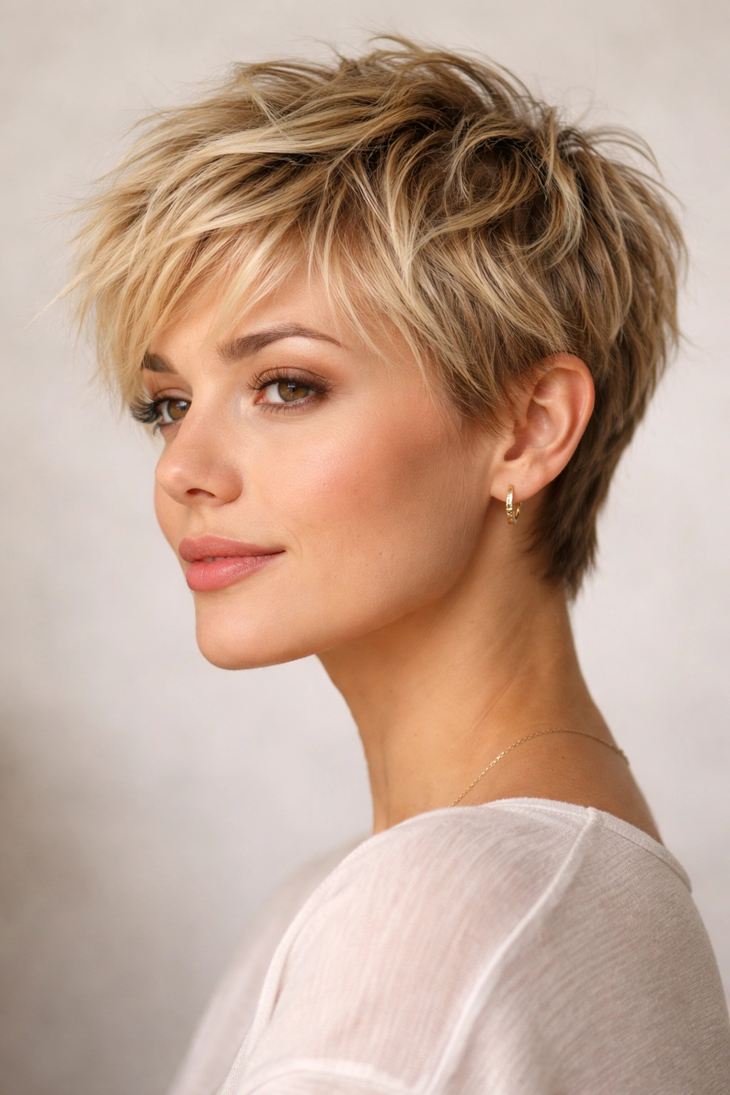 Blonde model with a short, textured tousled crop showing natural movement and layers.