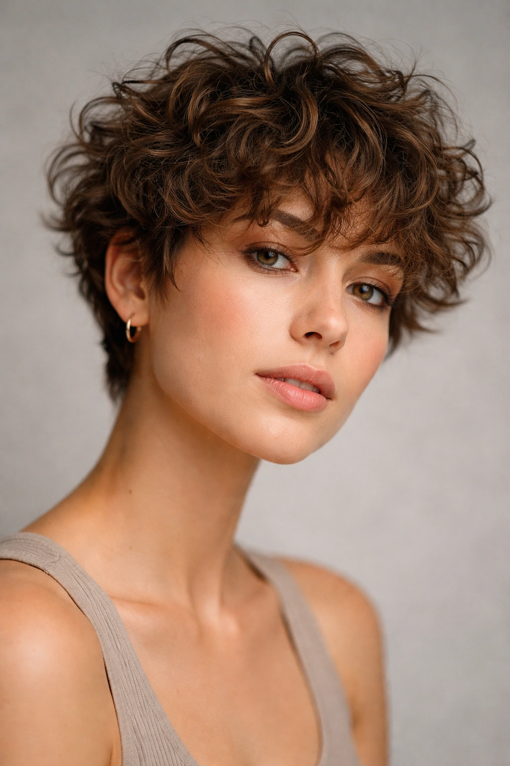 Close-up of a person with a tousled crop curly haircut emphasizing texture