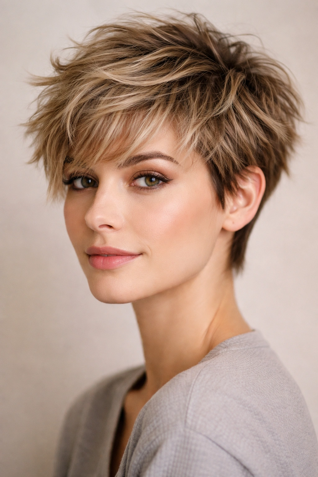 Close-up of a tousled crop with dimension and textured layers.