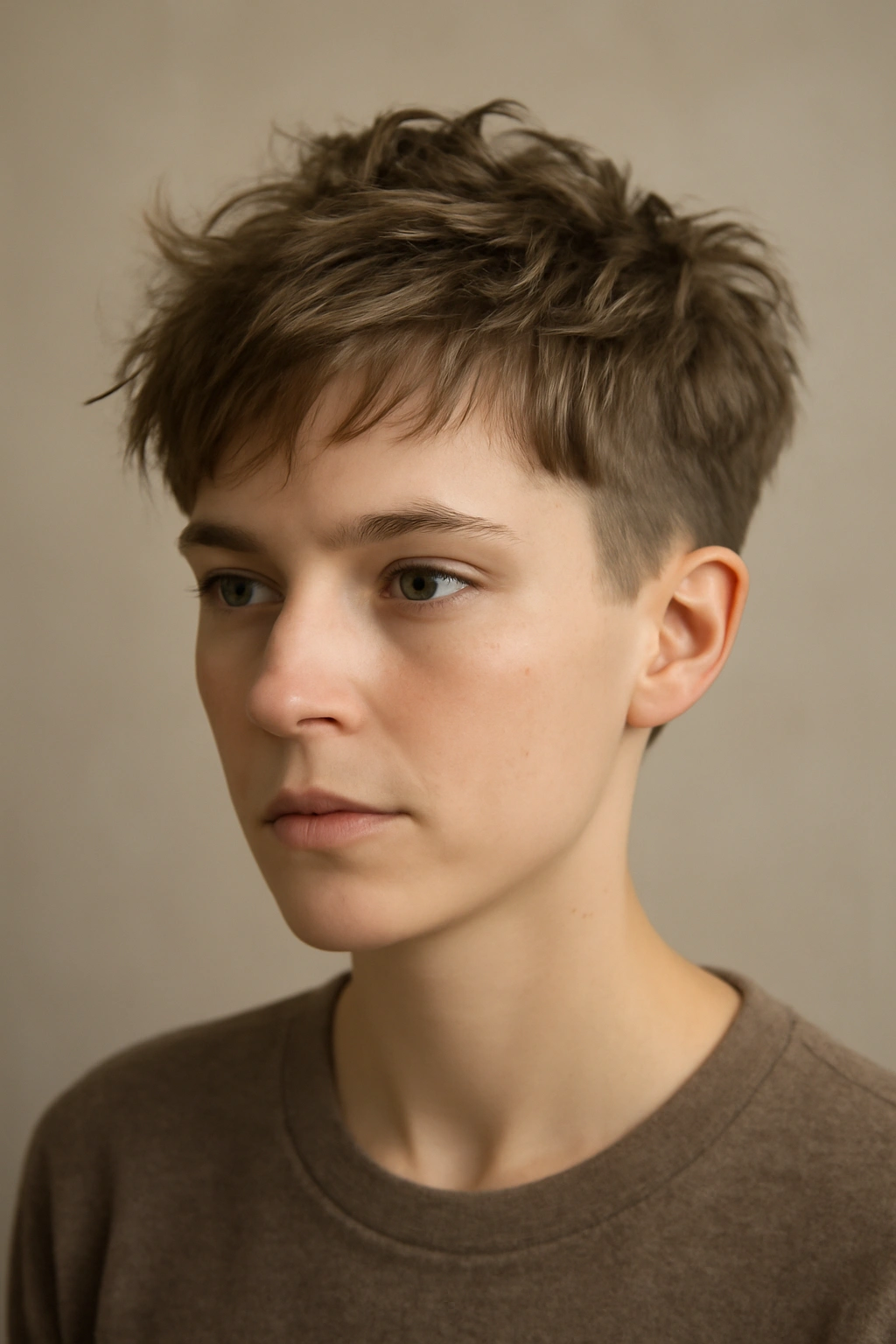 12 Short Haircuts That Work on Baby Fine Hair 9 Portrait of a person with a tousled crop featuring undone texture and short sides.