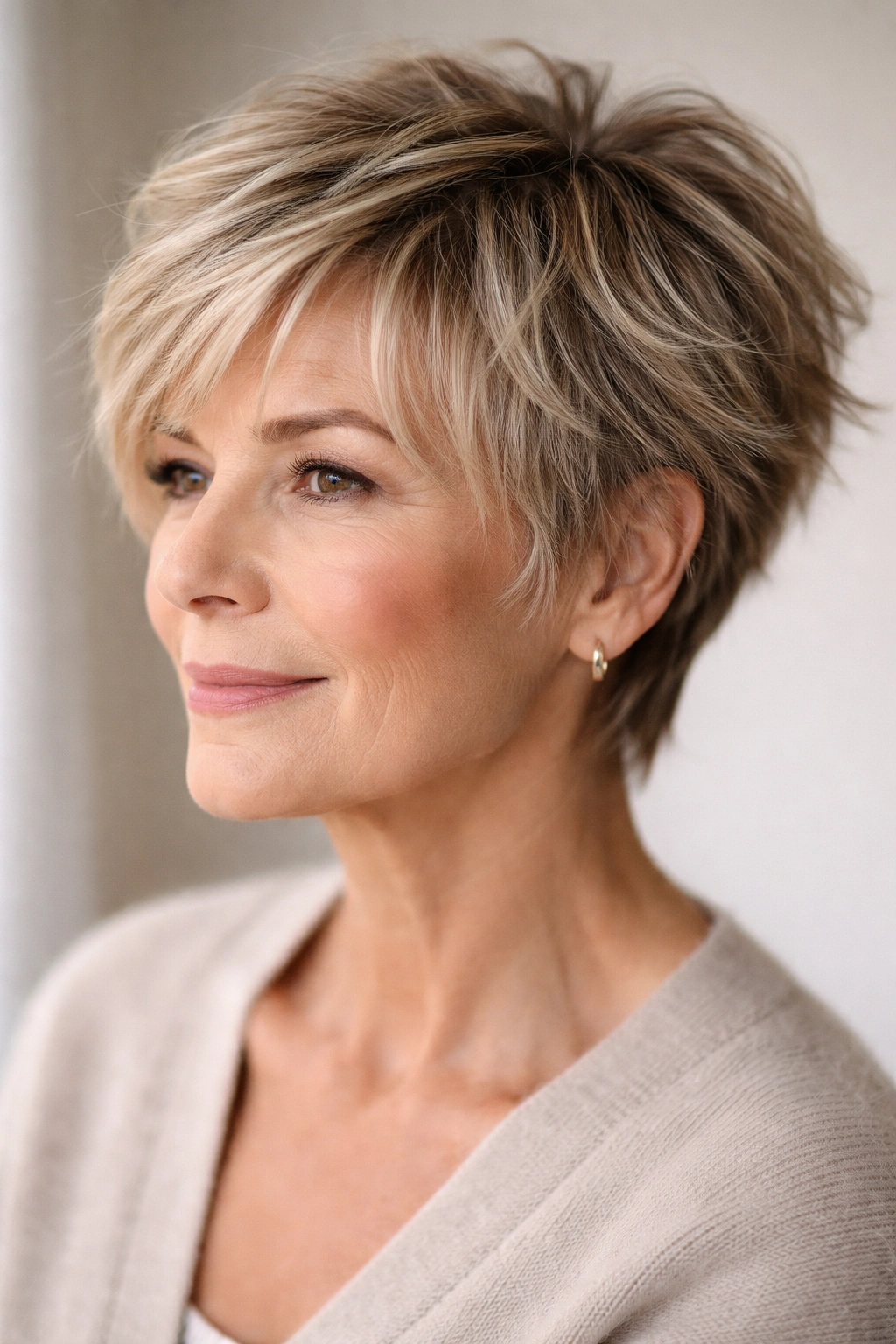 10 Short Haircuts For Older Women With Fine Hair 7 Close-up of an older woman's head showing a tousled piece-y crop with textured short pieces.
