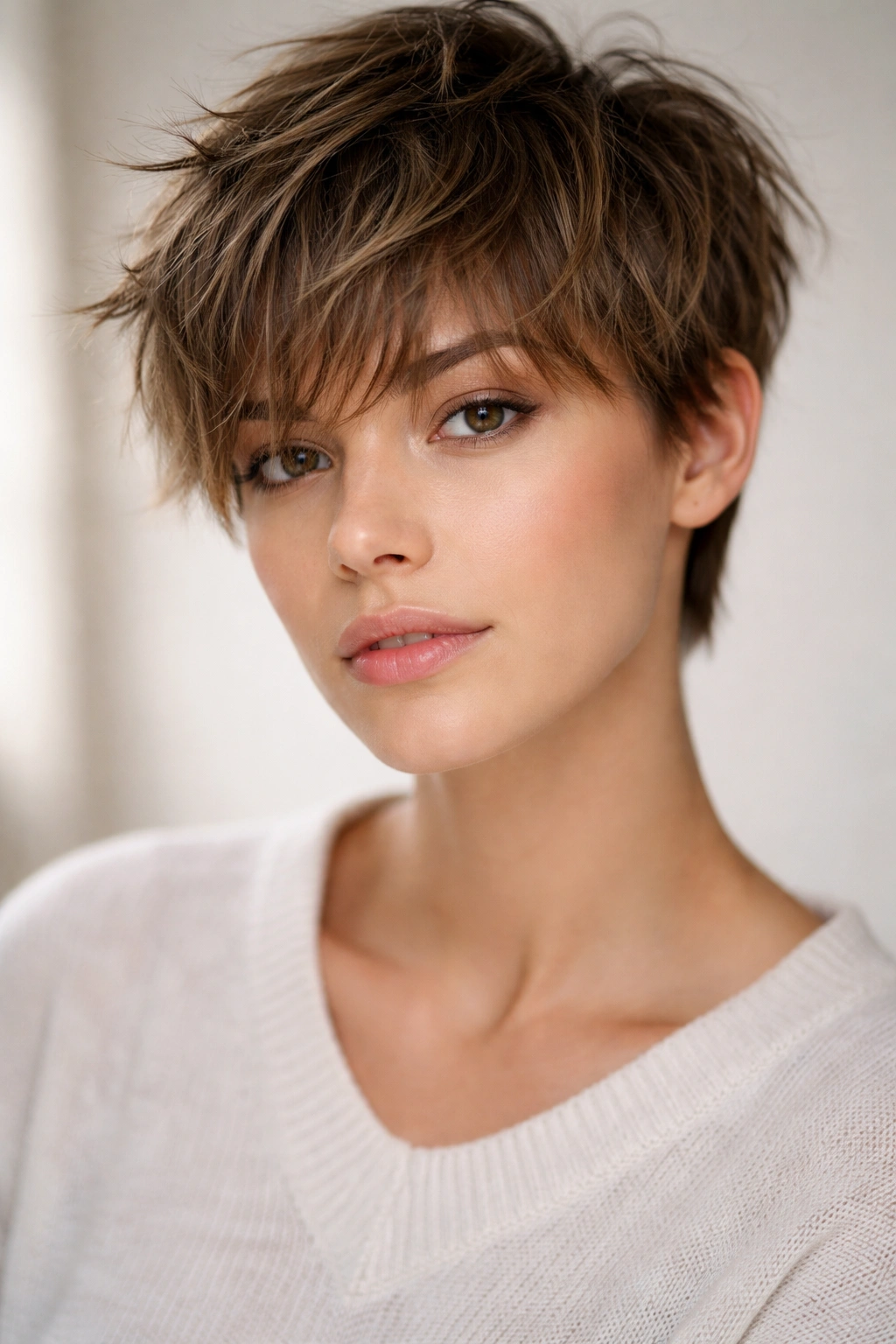Close-up of a tousled crop with fringe and 3-4 inch top in soft lighting