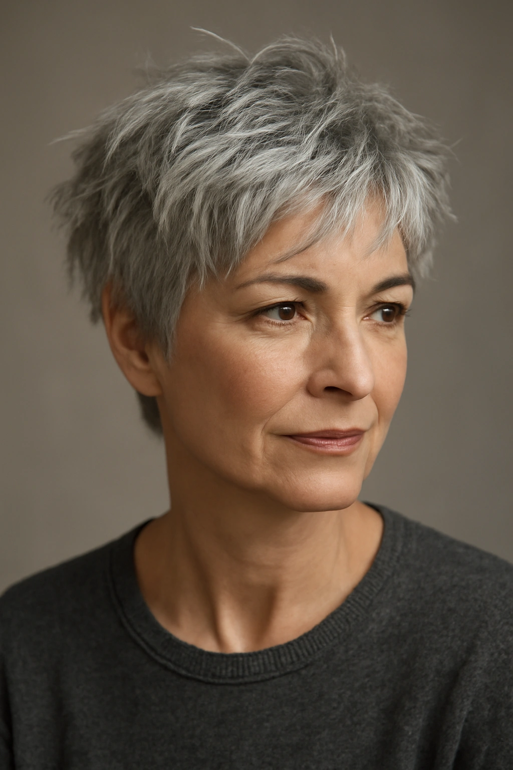 10 Short Haircuts for Women Embracing Their Gray Hair 9 Gray-haired individual with a tousled crop showing textured, tousled layers