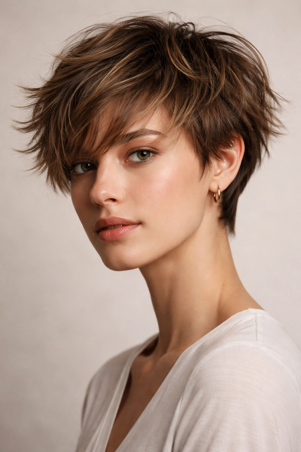Close-up of a tousled crop hairstyle with layered texture