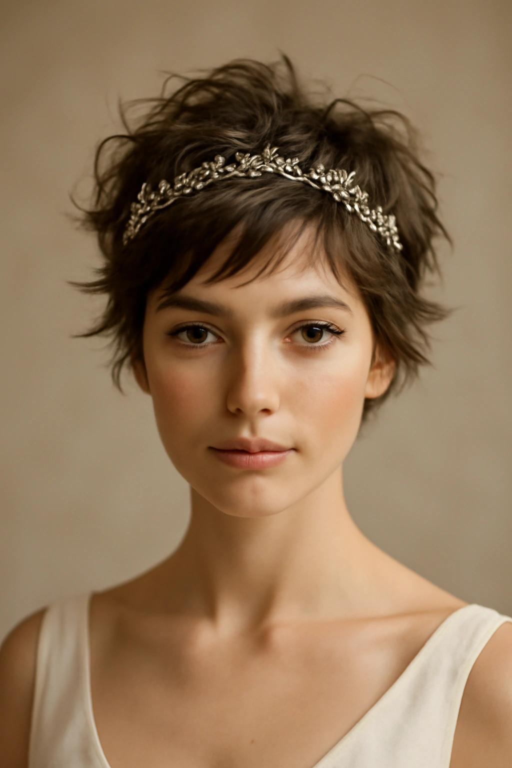10 Wedding Hairstyles Short-Haired Brides Will Love 8 Close-up of a short textured crop with a delicate headpiece on top
