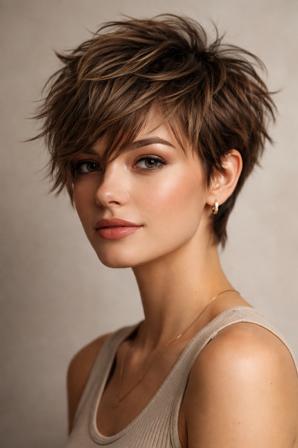 Portrait of a person with a tousled cropped hairstyle featuring disconnected layers