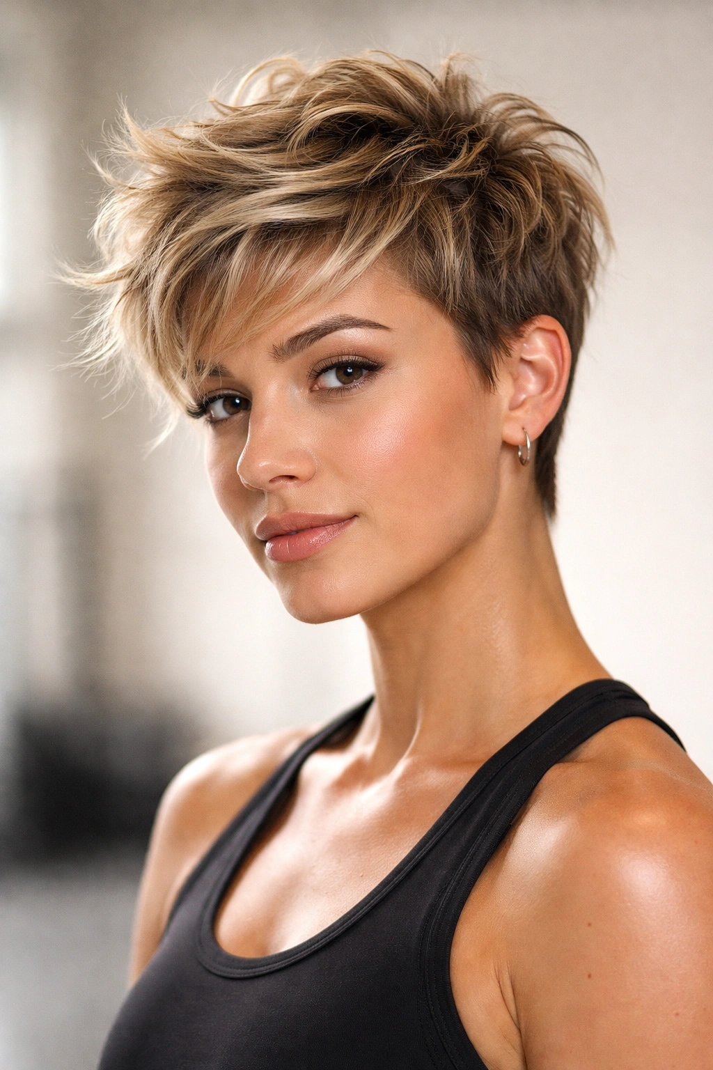 Tousled crop with root volume from volumizing mousse for gym-ready texture.