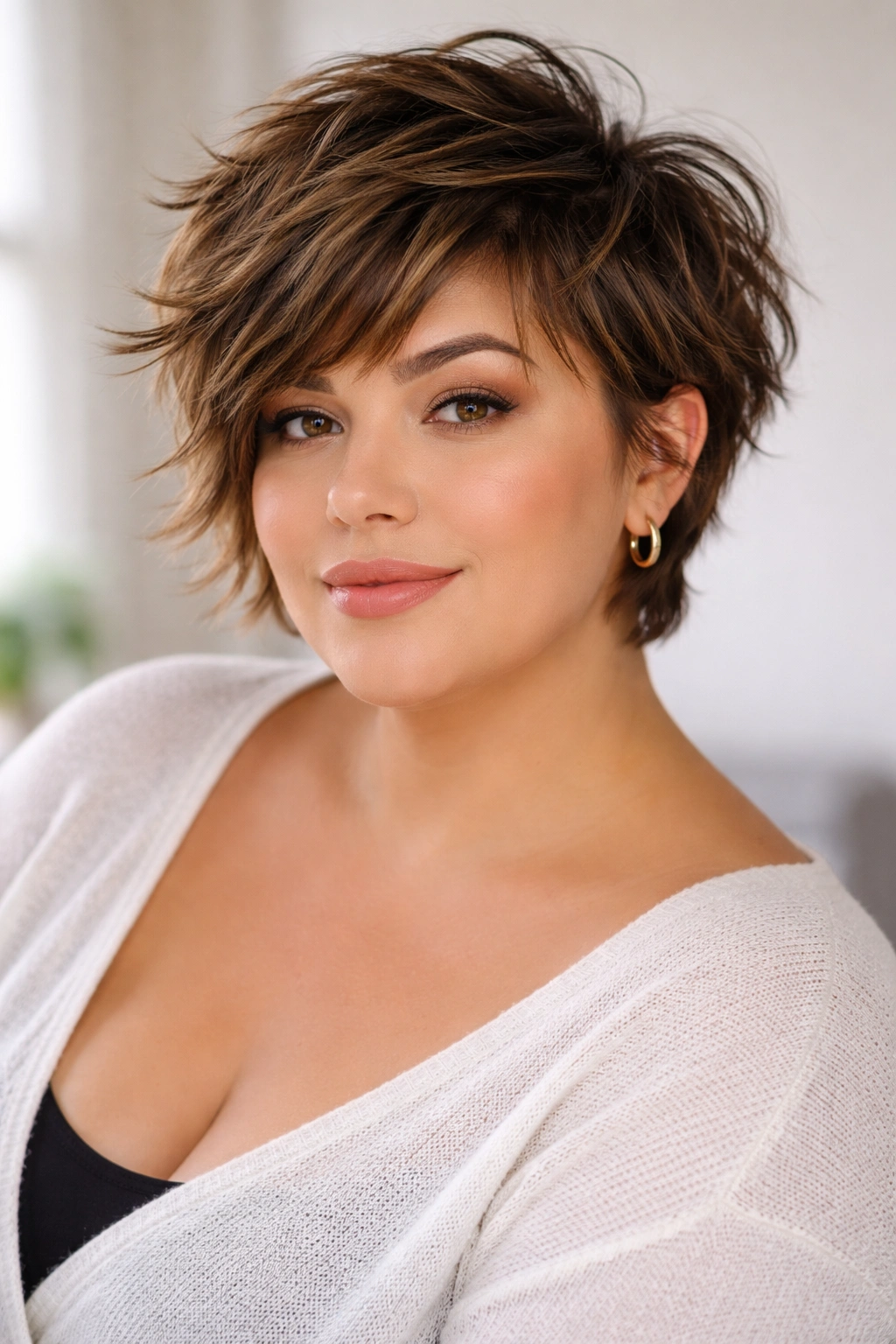 Close-up of a plus-size woman with a tousled short crop